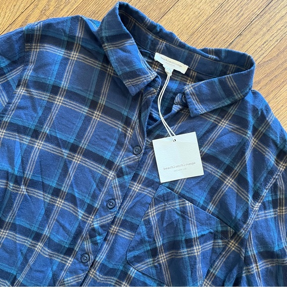BeachLunchLounge Collection Plaid Long Sleeve Shirt Button Up Frayed Hem Large - Picture 2 of 6